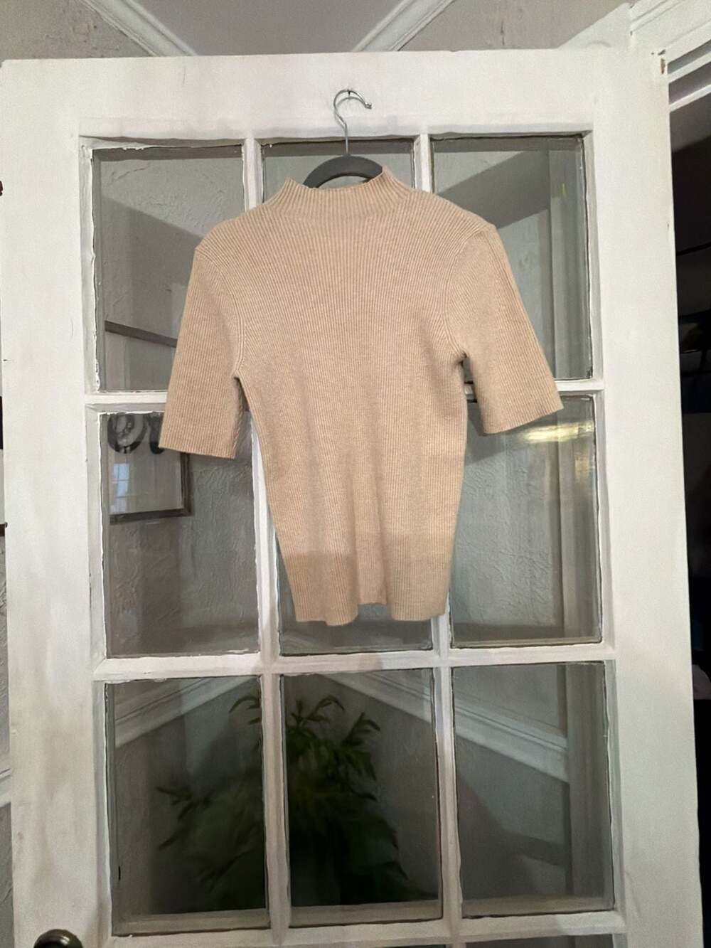 Zenana Mock Neck Short Sleeve Ribbed Sweater Size S Beige